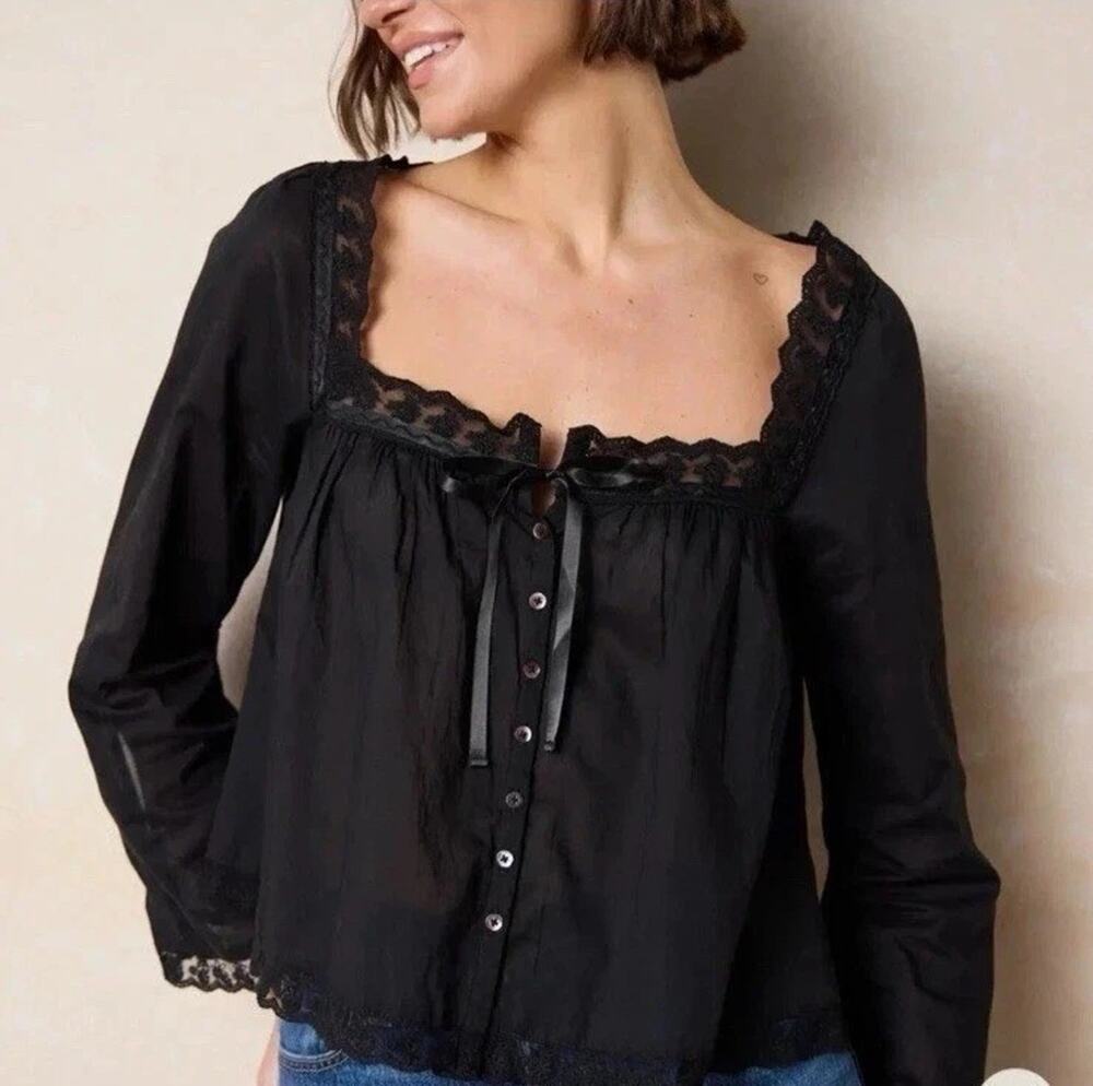 Natural Life Black Prettiest Cotton Top Boho Whimsigoth Cottage Witch Peasant XL